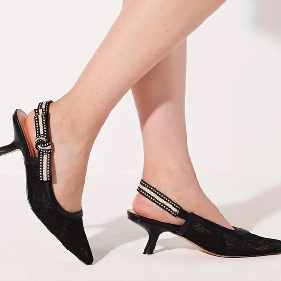 Shoes - Women Slingback Kitten Heels Closed Pointed Toe Bowknot Knitted Slip